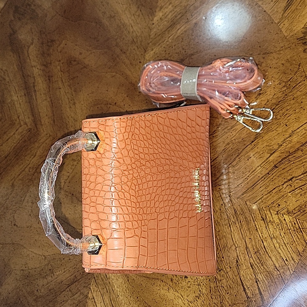 BADGLEY MISCHKA Trapezoid Matte Croco Flap Over Crossbody bag, orange,NWT - Picture 7 of 17